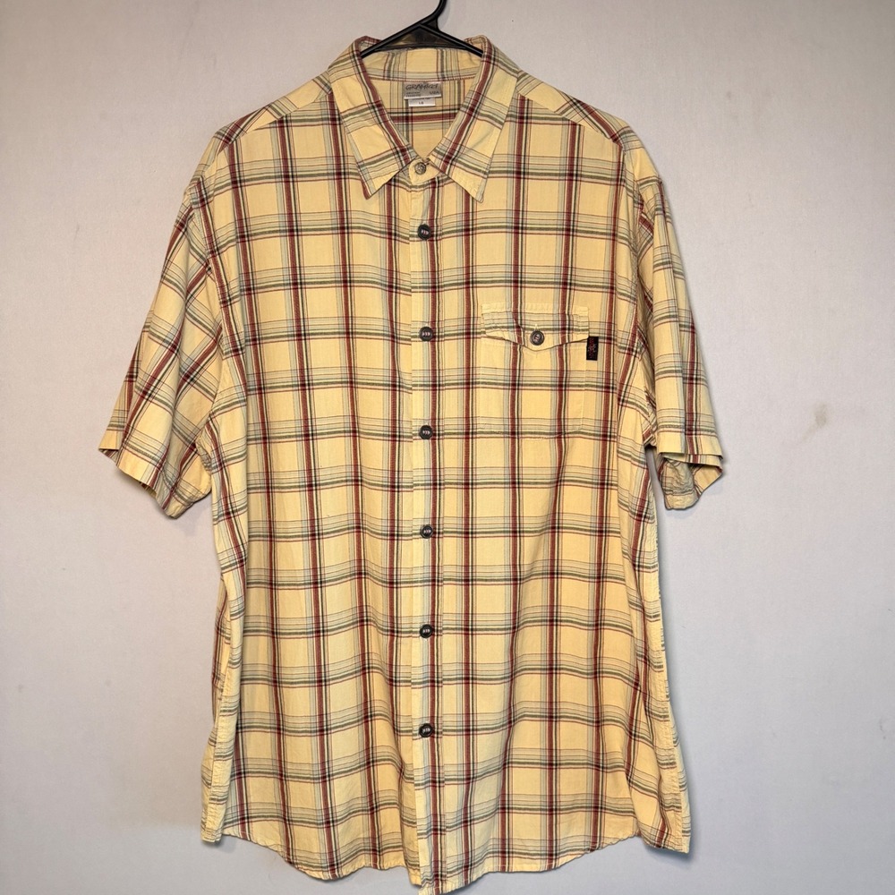 Gramicci Hiking Shirt Mens Large LG Yellow Cotton Plaid Short Sleeve Gorpcore